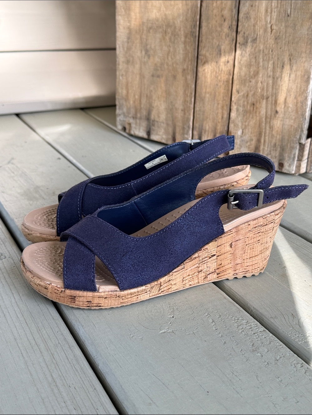 Navy Crocs Suede Cork Wedge Slingback Sandals